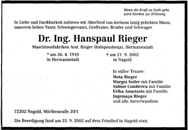 Rieger Hanspaul 1910-2002 Todesanzeige